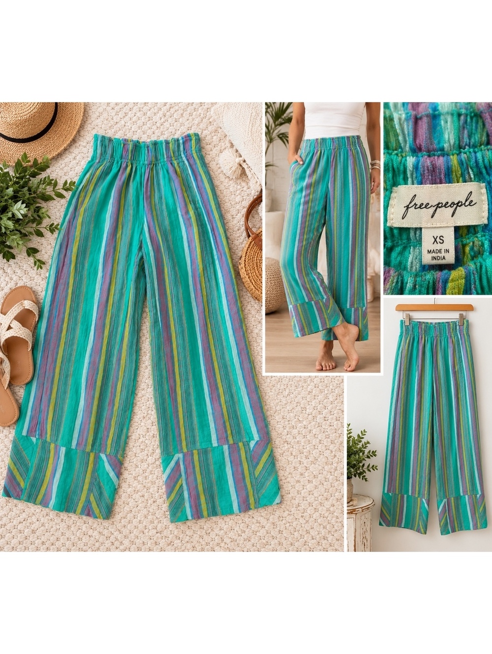 Free People XS Multicolor Striped Wide Leg Pants Teal Boho Pull-On